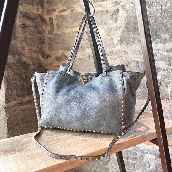 Valentino Grey Leather Rockstud Medium Shopping Tote - Picture 1 of 12